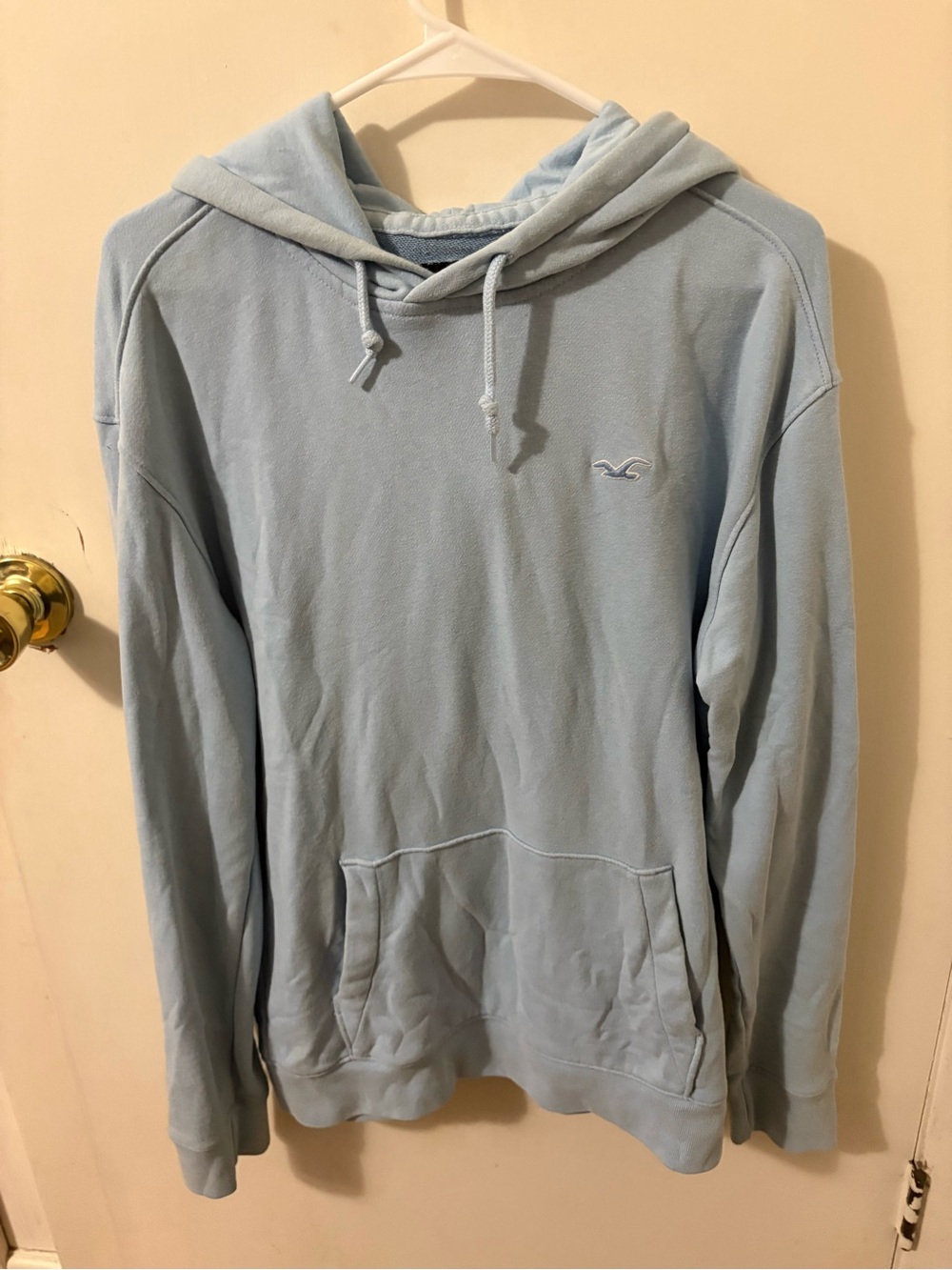 Hollister Men's light blue Pullover logo Hoodie medium